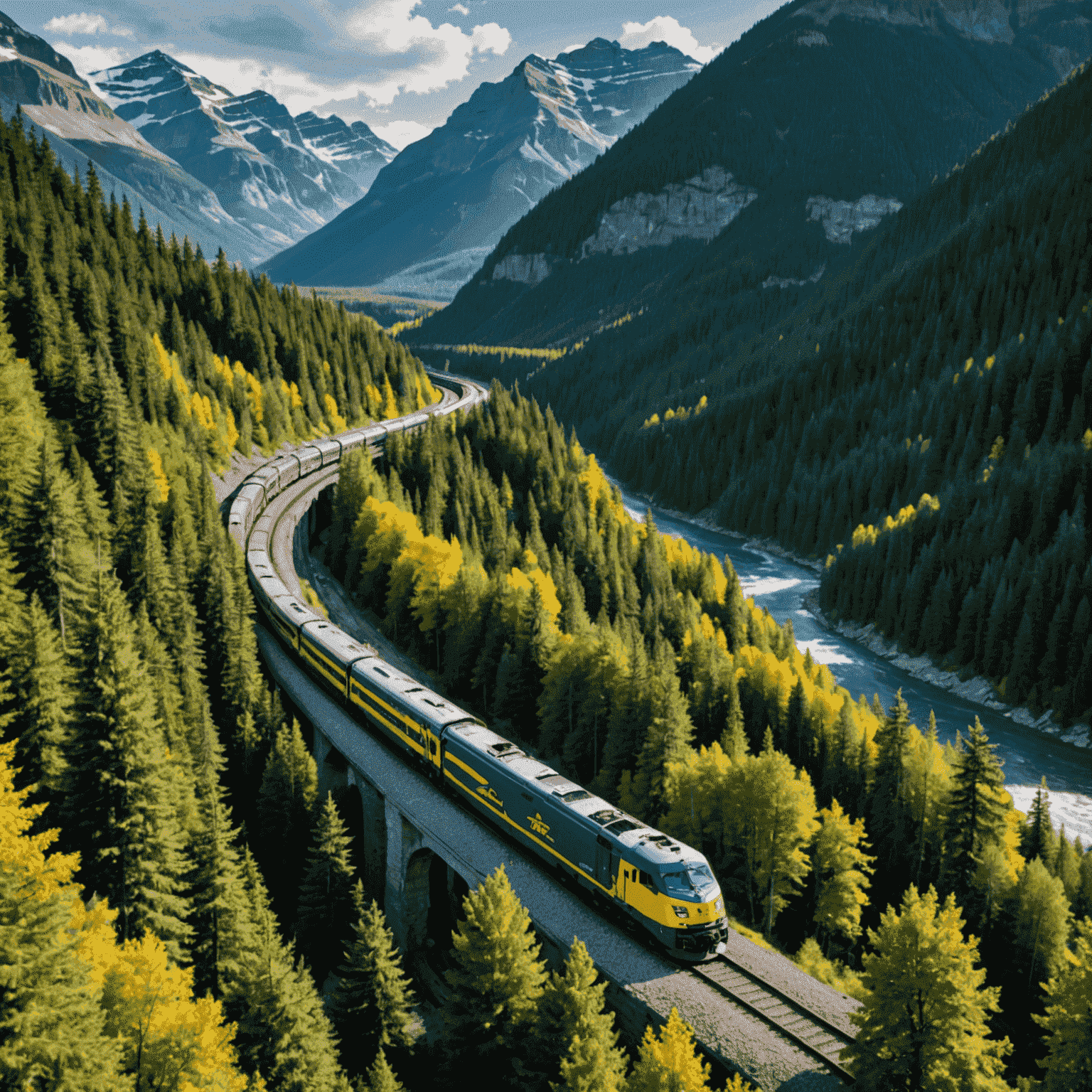 Scenic Canadian landscape with a VIA Rail train passing through mountains and forests, showcasing the beauty of train travel in Canada