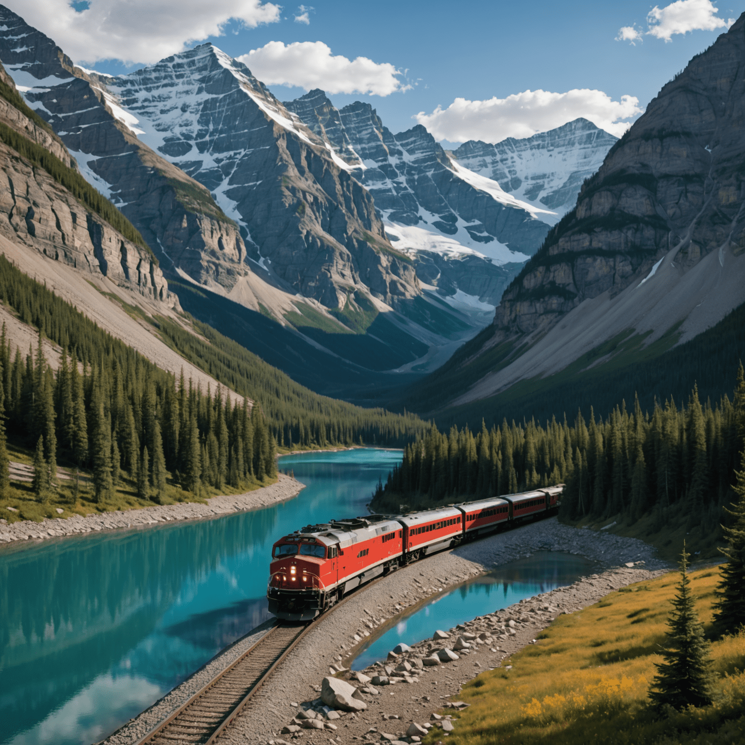 A panoramic view of a train traversing through the Canadian Rockies, with snow-capped peaks and pristine lakes in the background