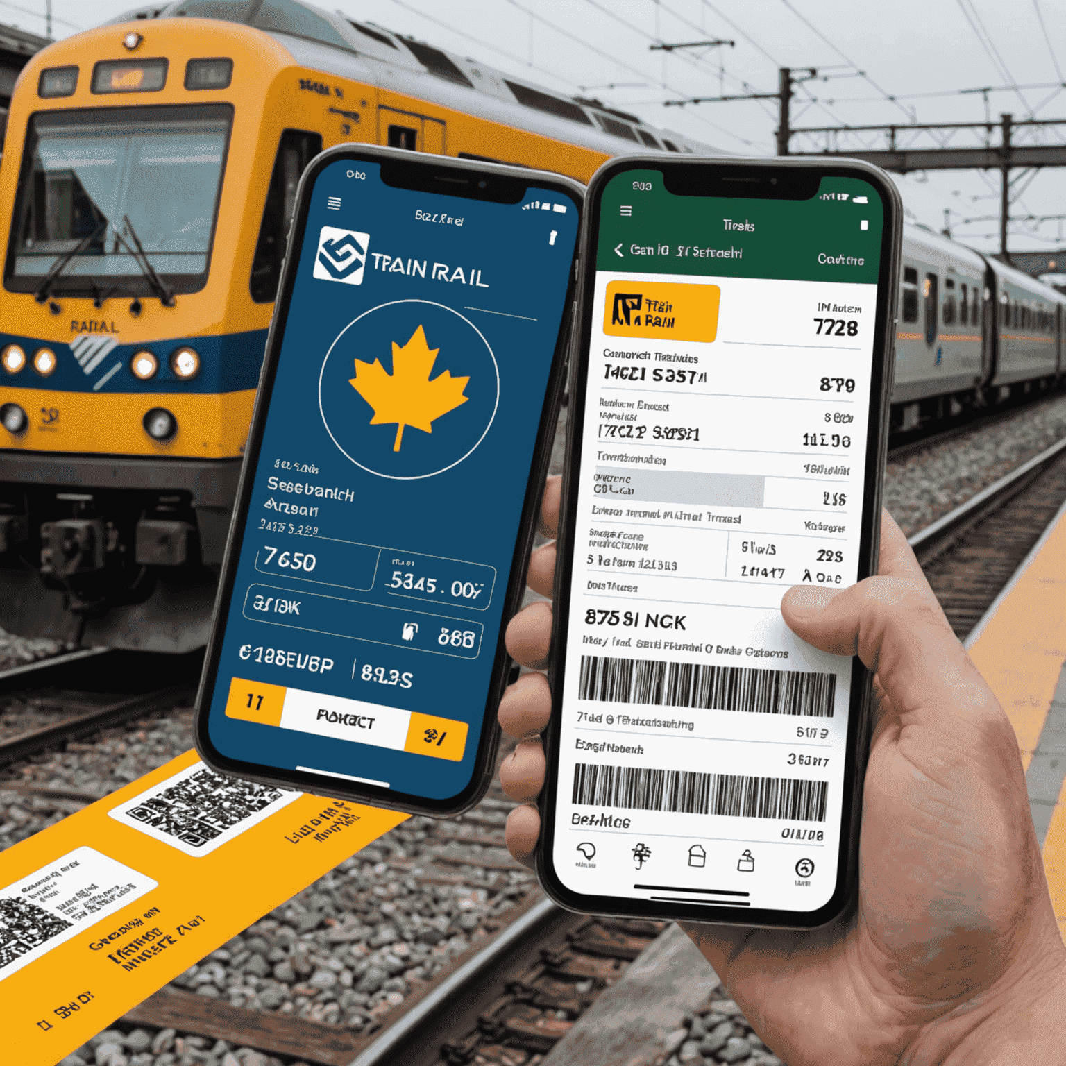 A collage of Canadian train tickets, VIA Rail logo, and a smartphone showing a booking app interface