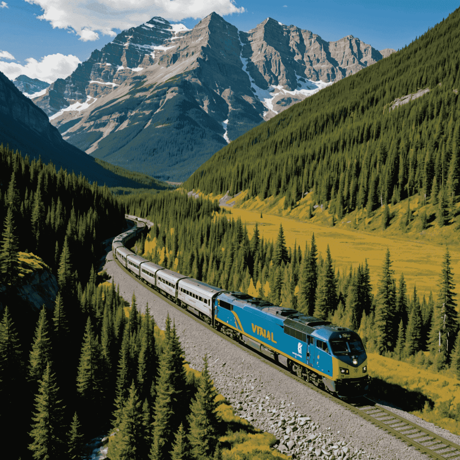 A scenic view of a VIA Rail train passing through the Canadian Rockies, showcasing the beauty of train travel in Canada