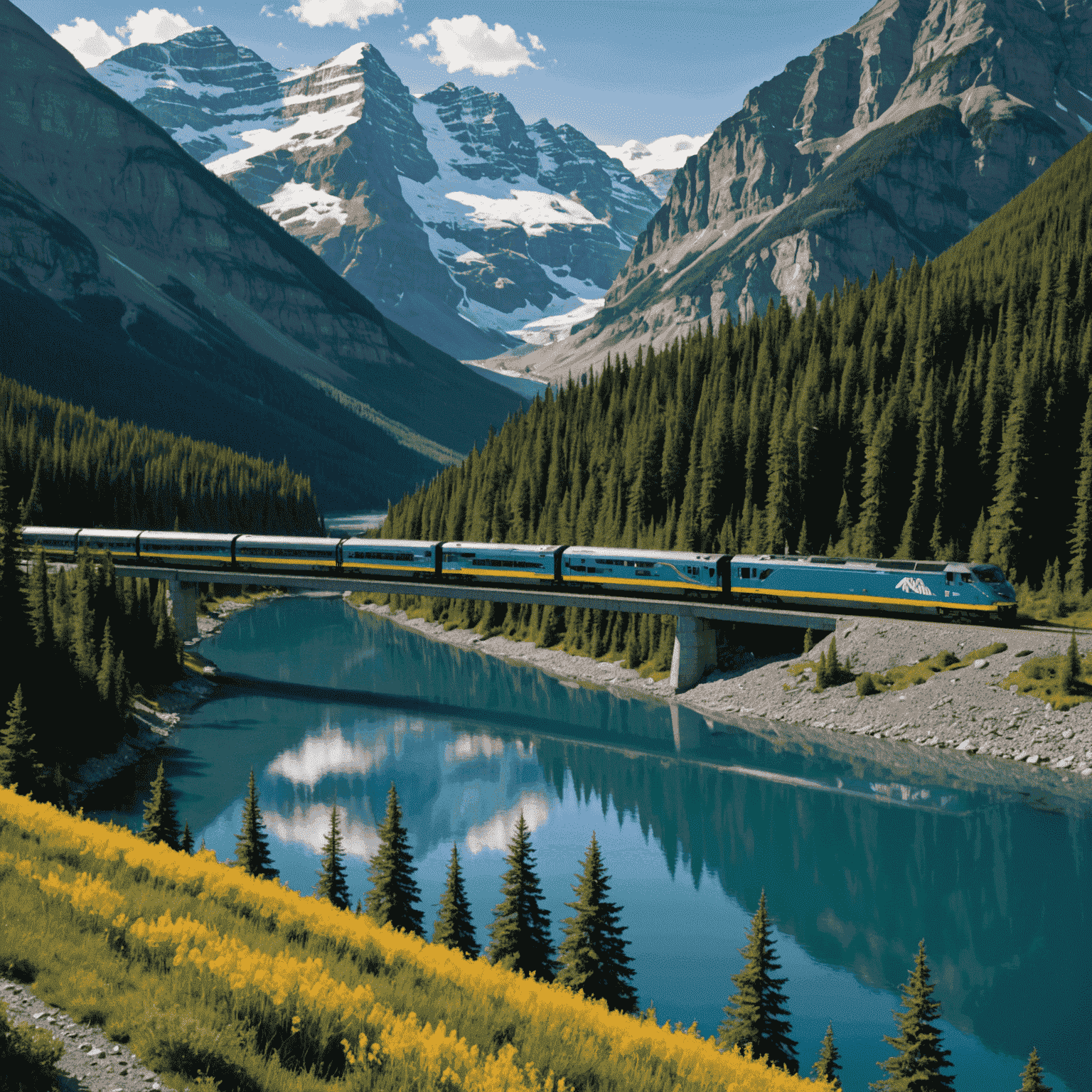 Panoramic view of a VIA Rail train traversing through the Canadian Rockies, with snow-capped mountains and pristine lakes in the background