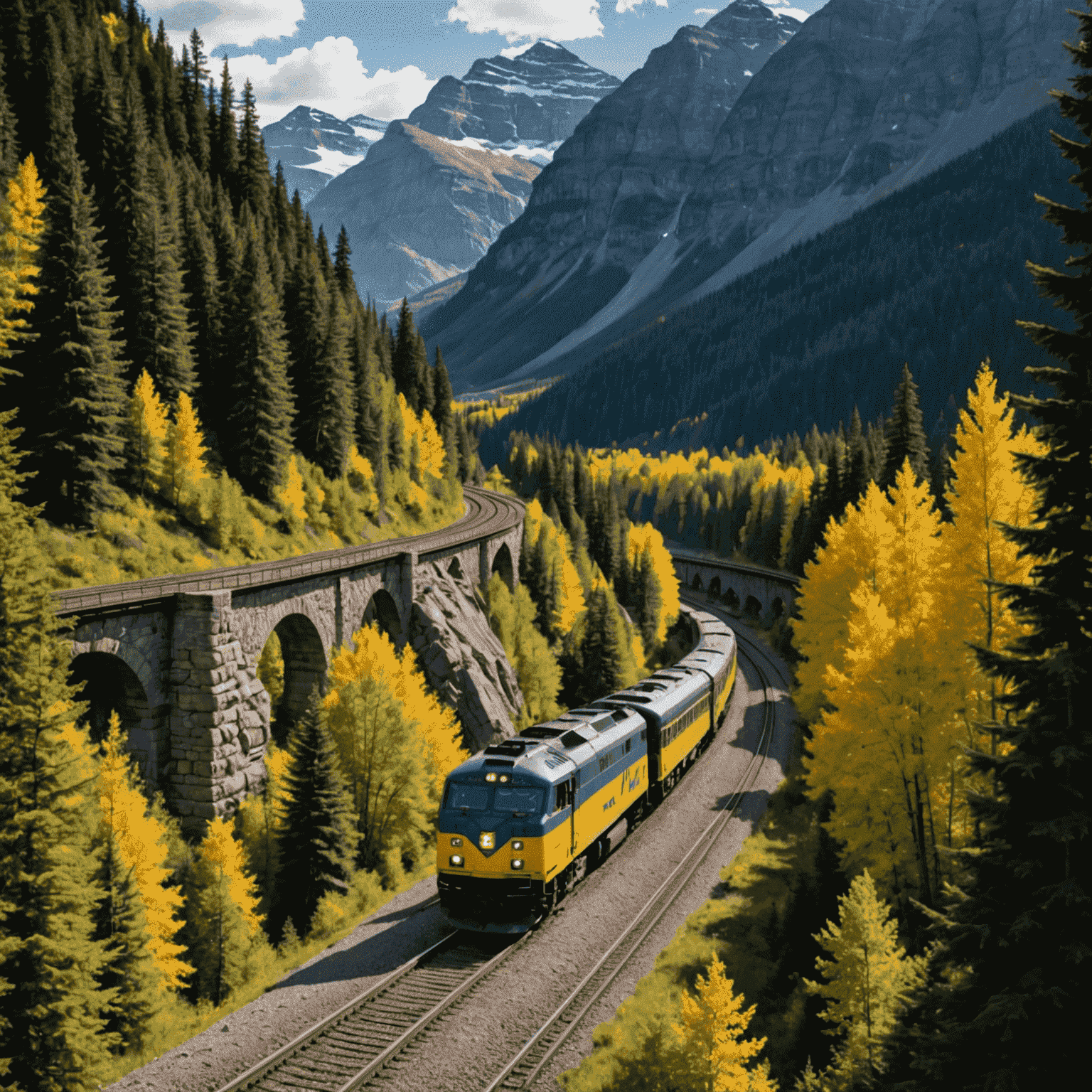 A scenic Canadian train journey through mountains and forests, with a VIA Rail train prominently featured