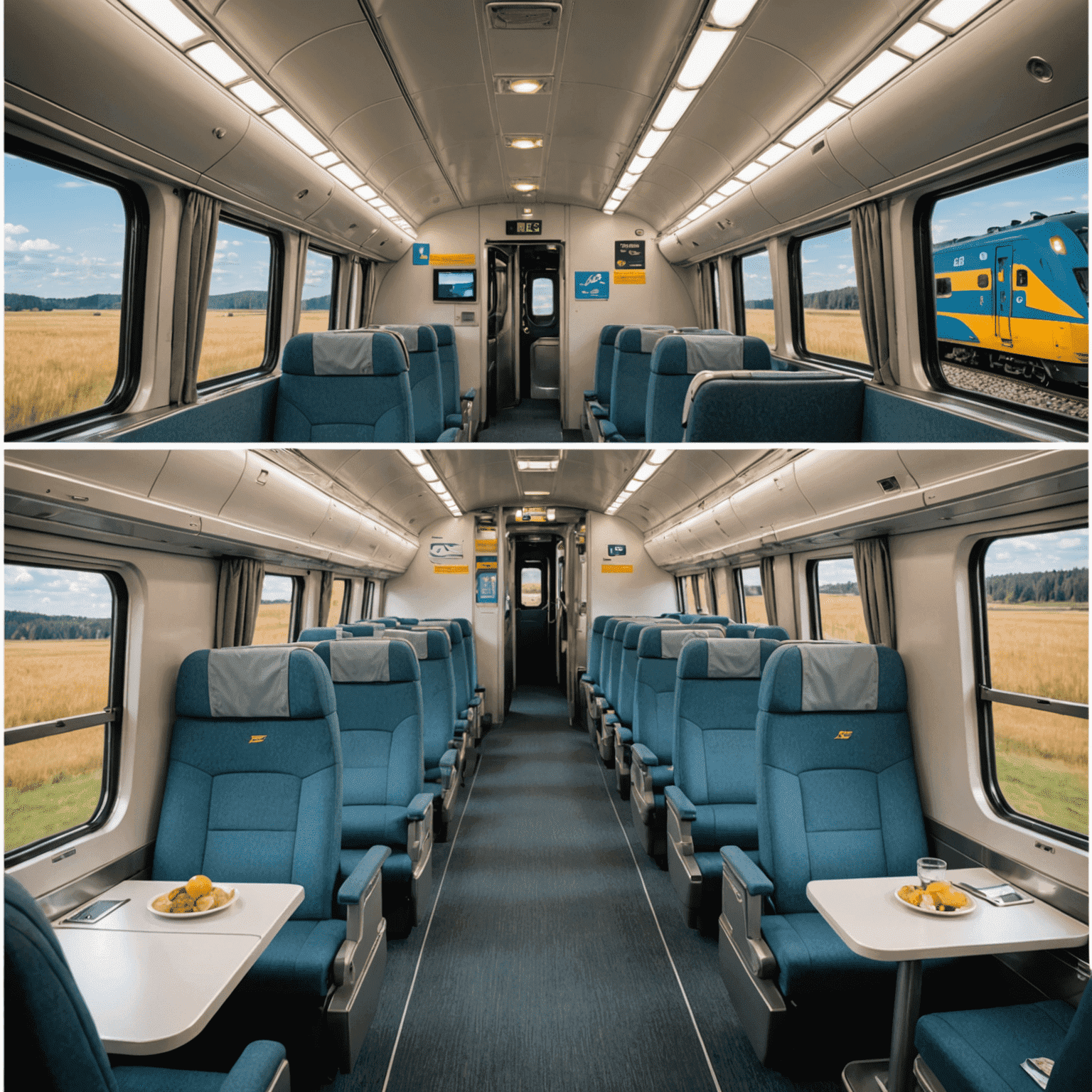Collage showing interior of VIA Rail's Economy, Business, and Sleeper class carriages, highlighting the differences in seating, amenities, and overall comfort