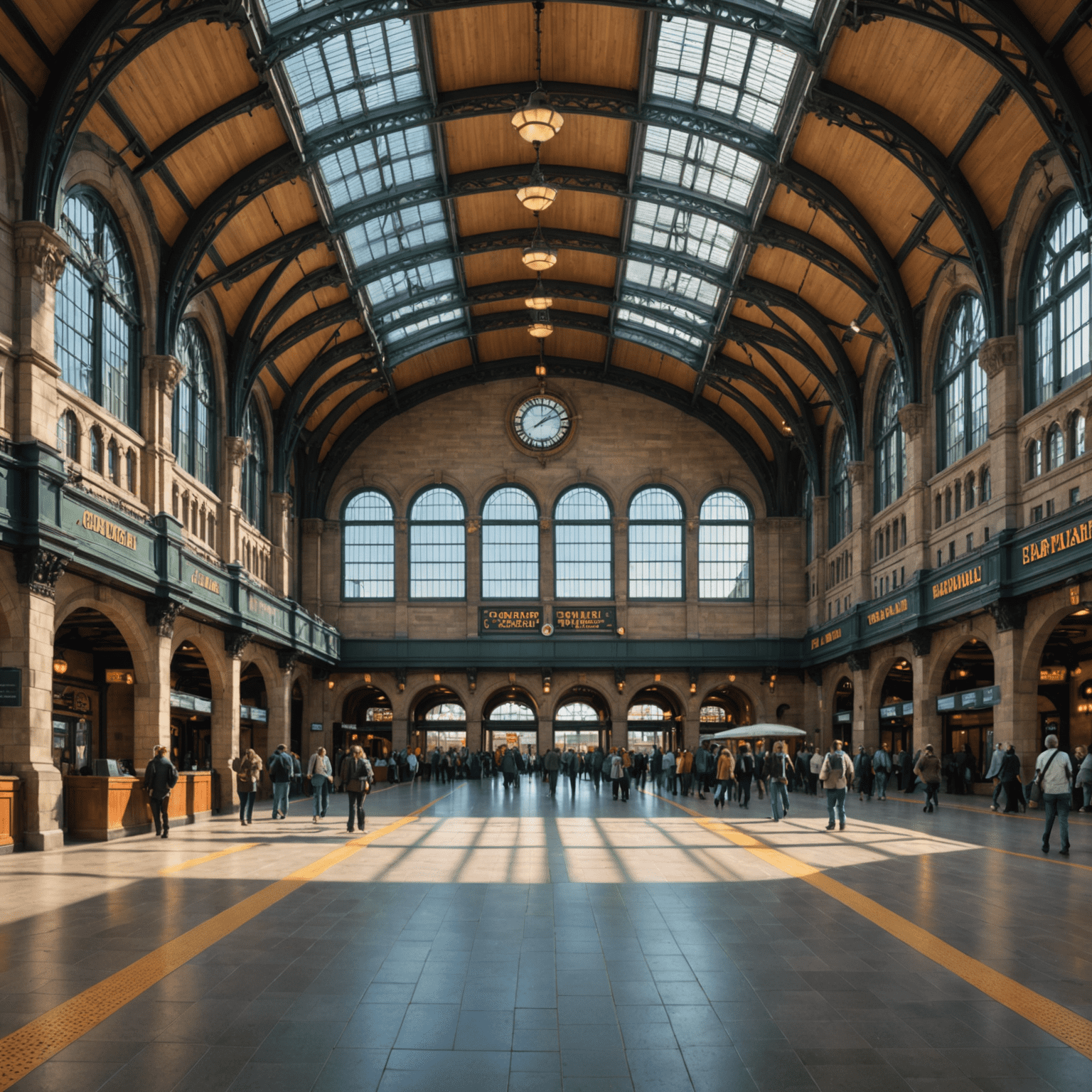 A panoramic view of a grand Canadian train station with ornate architecture, bustling with travelers, and a sleek VIA Rail train waiting at the platform