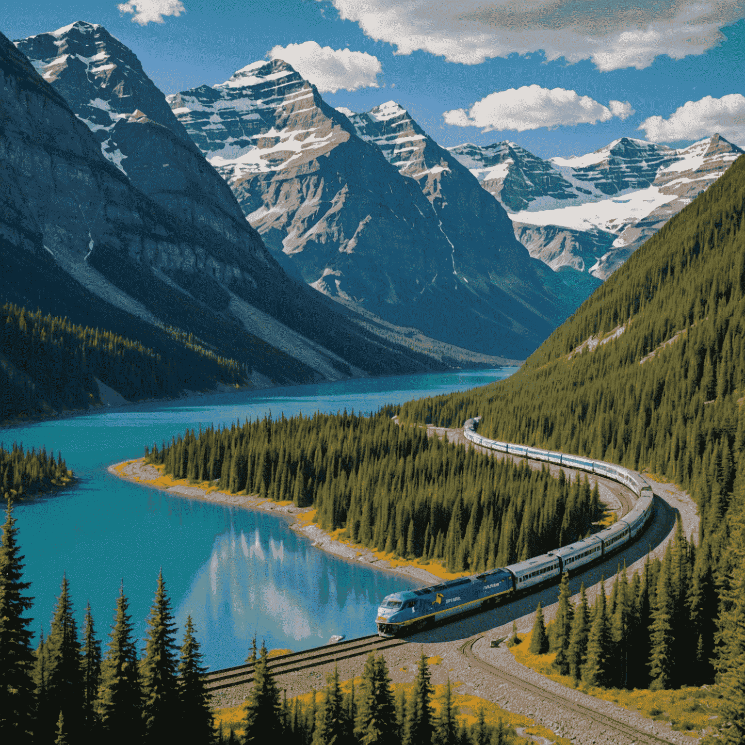 Panoramic view of a VIA Rail train traversing through the Canadian Rockies, with snow-capped mountains and pristine lakes in the background