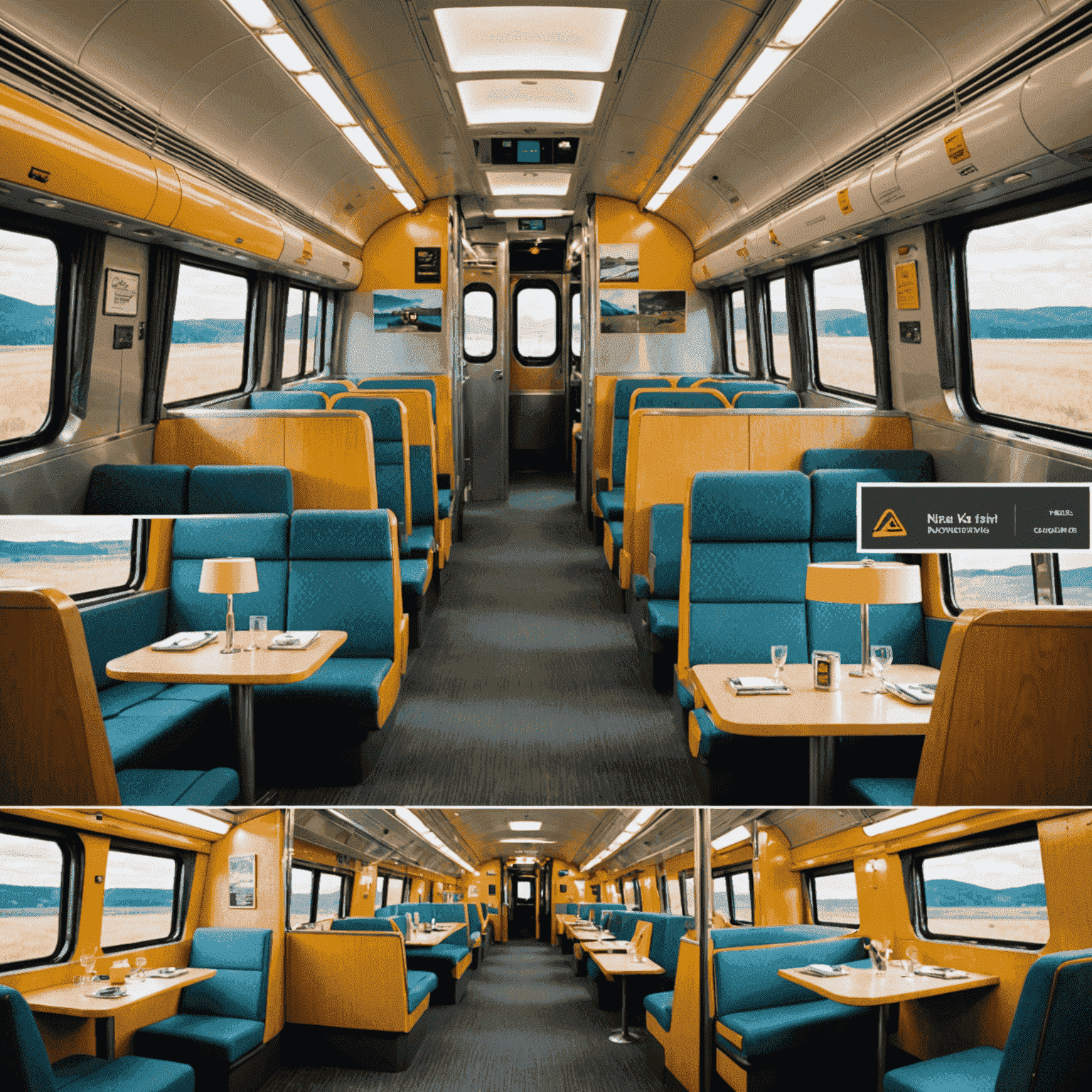 A collage of various VIA Rail train interiors, showcasing comfortable seating, dining cars, and scenic viewing areas