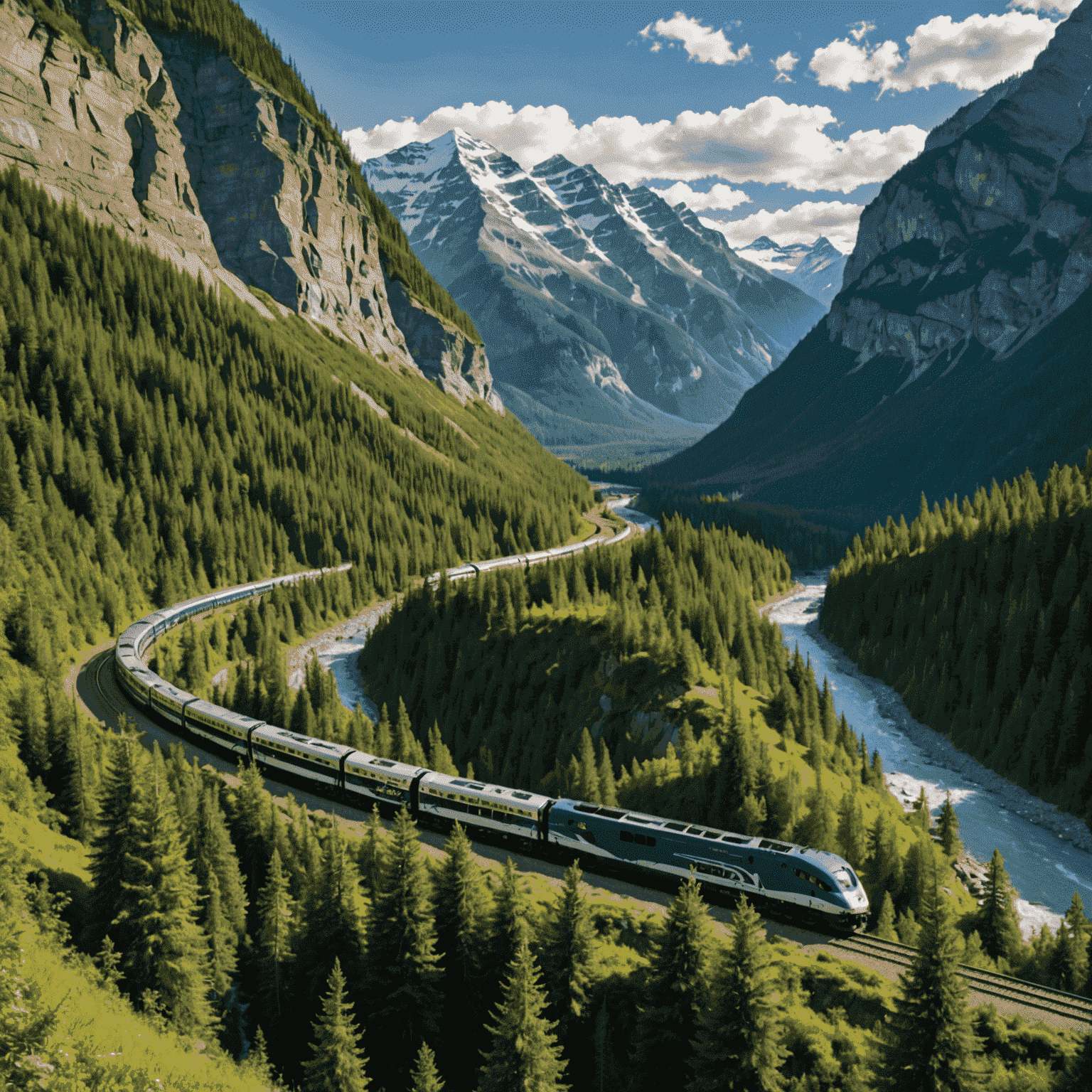 The Rocky Mountaineer train winding through a lush valley with towering mountains on either side, showcasing the route from Vancouver to Banff