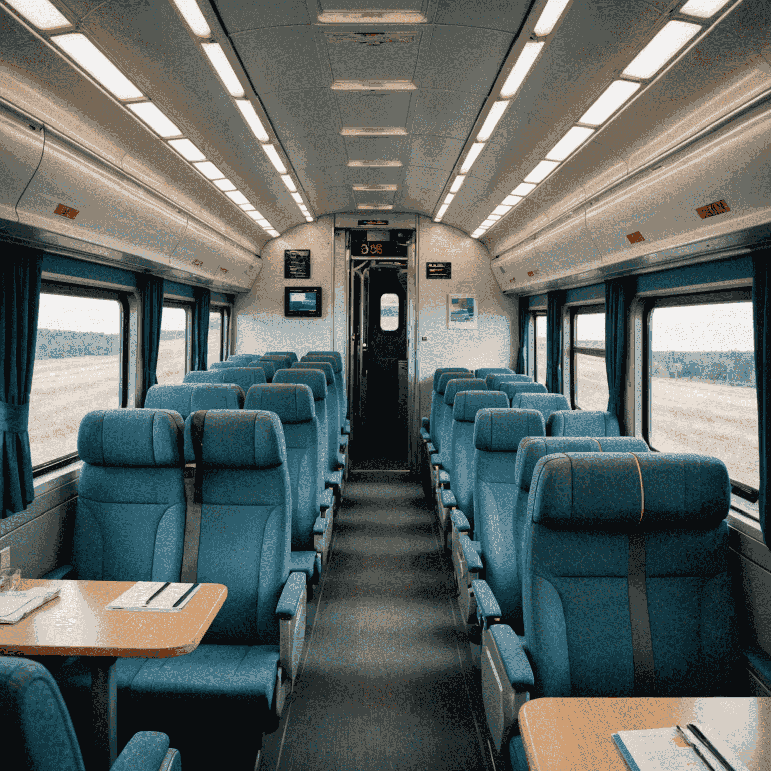Interior of a VIA Rail train showing different seating classes, from Economy to Business