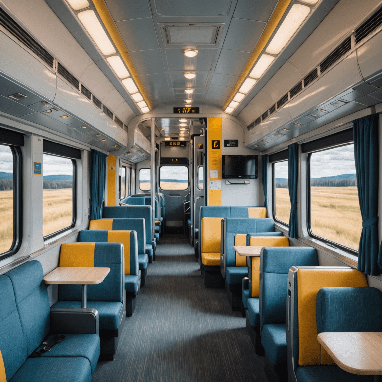 Interior of a VIA Rail passenger car, showcasing comfortable seating, large windows, and passengers enjoying the scenic journey