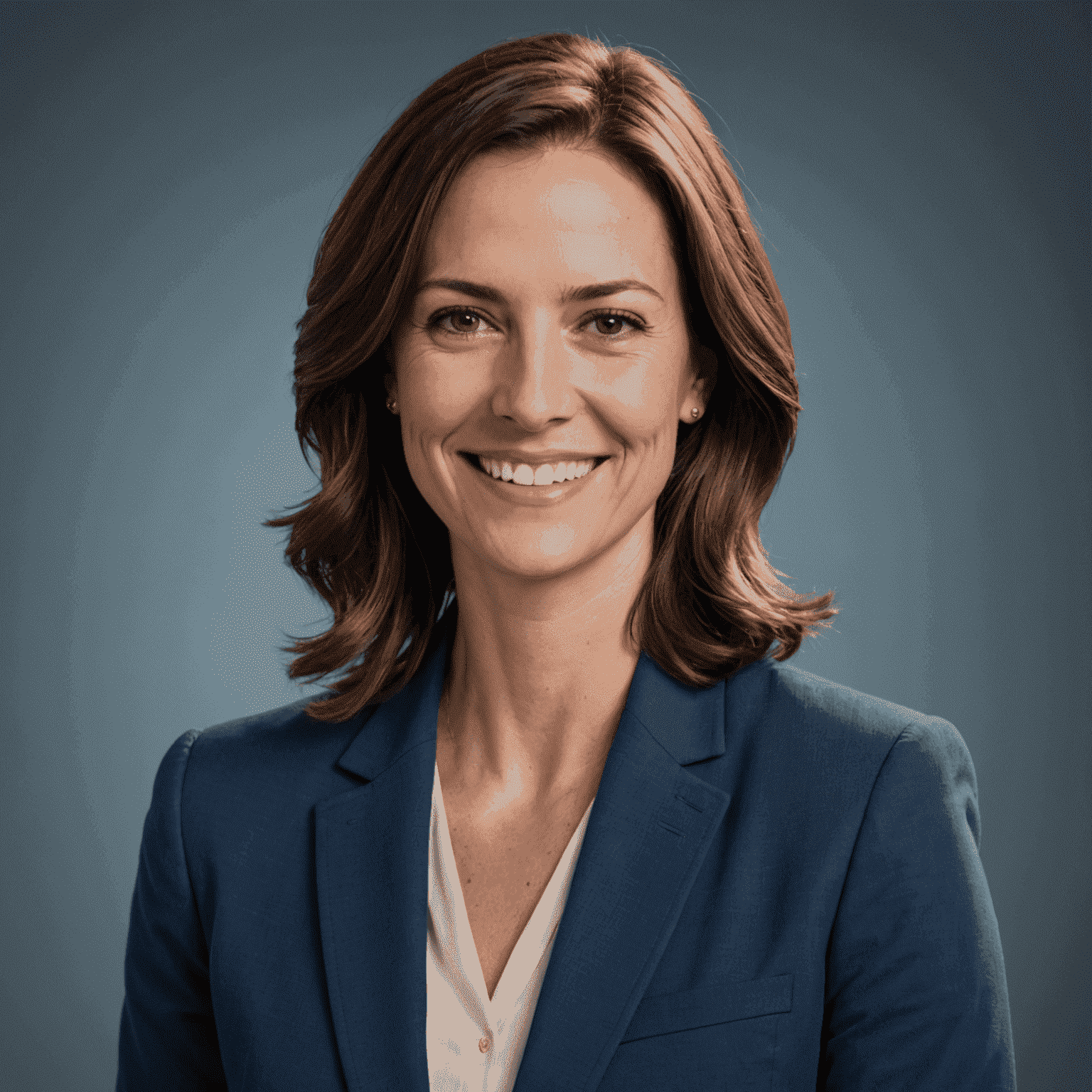 Portrait of Sarah Thompson, a smiling woman in her 30s with shoulder-length brown hair, wearing a blue blazer