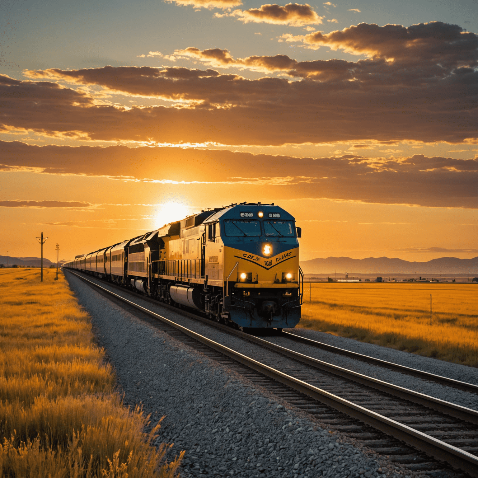 VIA Rail's 'The Canadian' train crossing the vast prairies with a golden sunset in the background, symbolizing the journey from Toronto to Vancouver