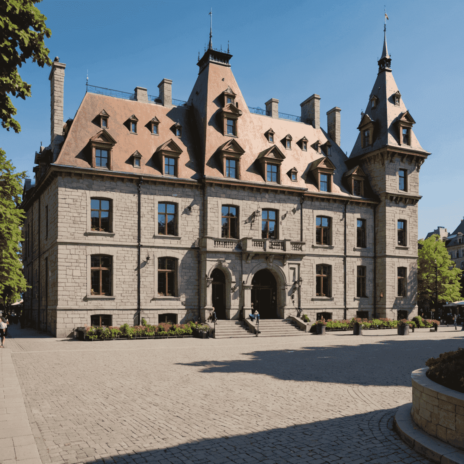 The picturesque Gare du Palais in Quebec City, resembling a French château with its steep copper roofs and stone facade