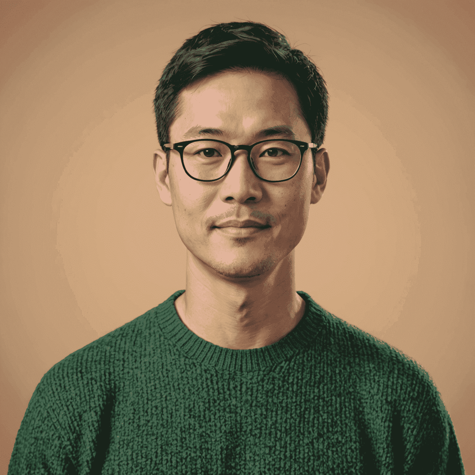 Portrait of Michael Chen, a friendly-looking man in his 40s with short black hair and glasses, wearing a green sweater