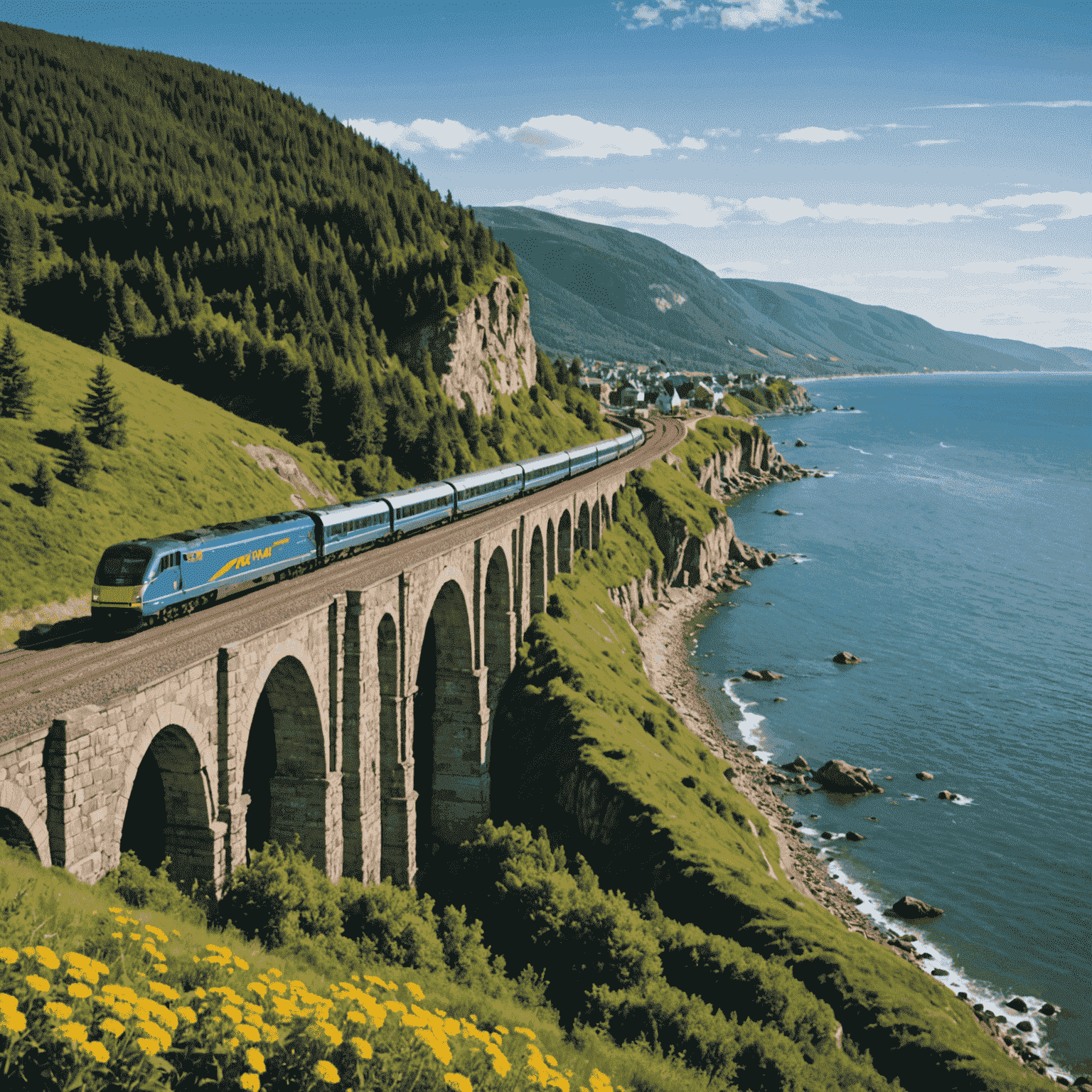 The Ocean train by VIA Rail hugging the coastline of the Atlantic, with picturesque maritime villages visible in the distance