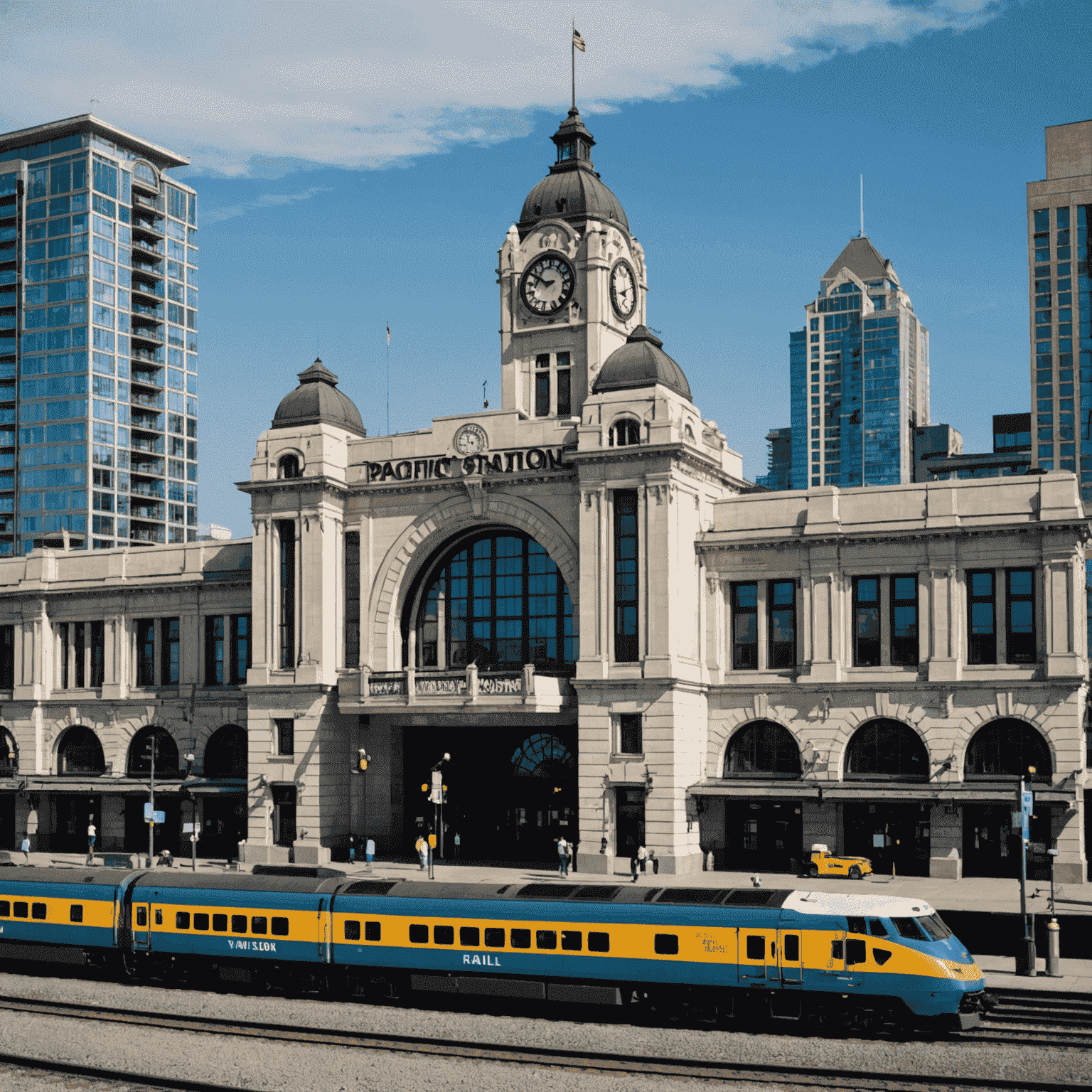 The Art Deco facade of Pacific Central Station in Vancouver, with its distinctive clock tower and VIA Rail trains in the foreground
