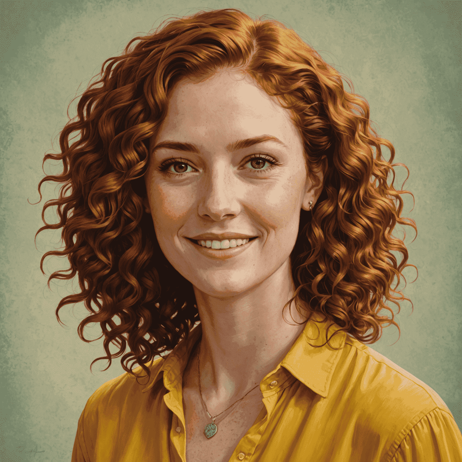 Portrait of Emily Tremblay, a cheerful woman in her late 20s with curly red hair, wearing a yellow blouse