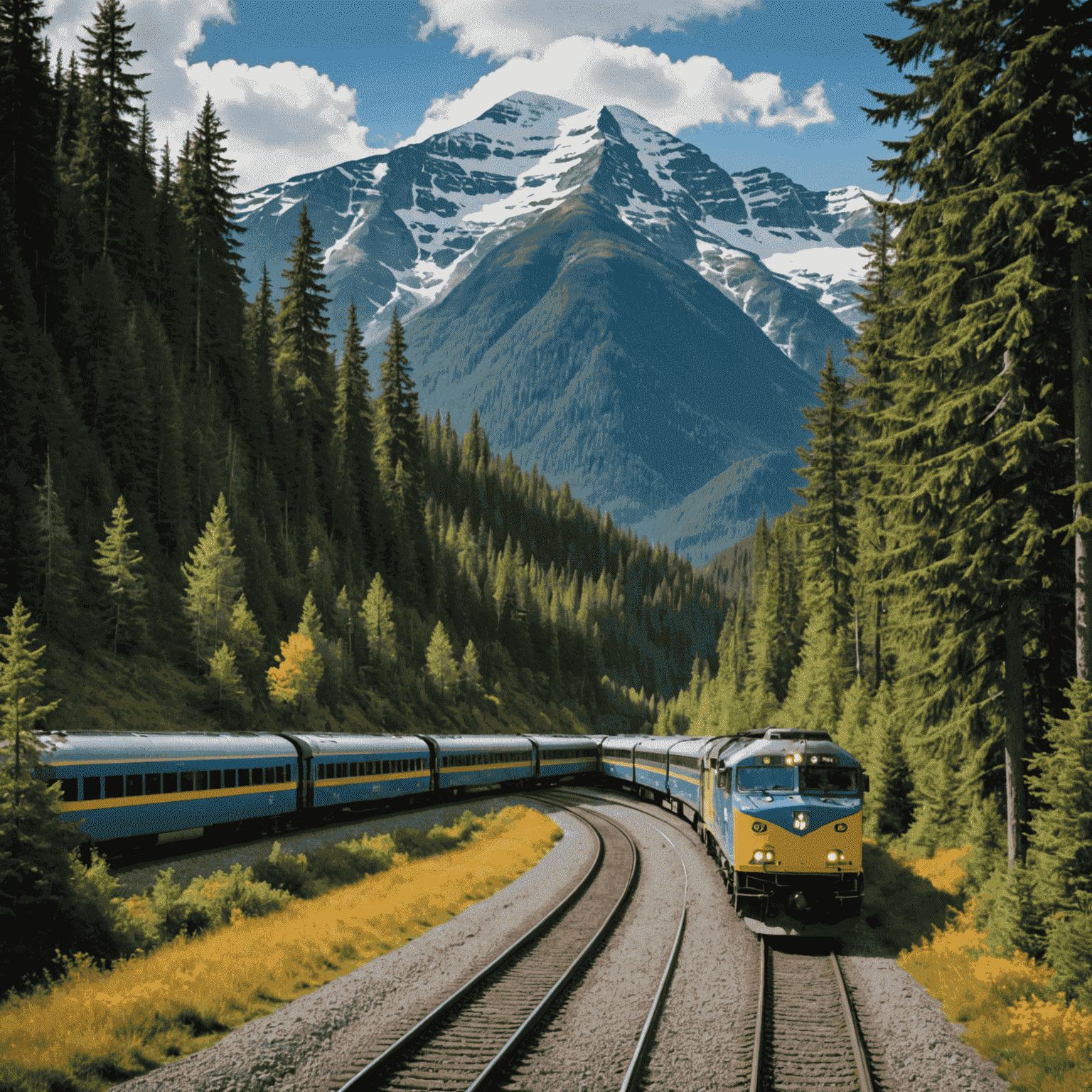 A VIA Rail train passing through the pristine wilderness between Jasper and Prince Rupert, with snow-capped peaks and dense forests in view