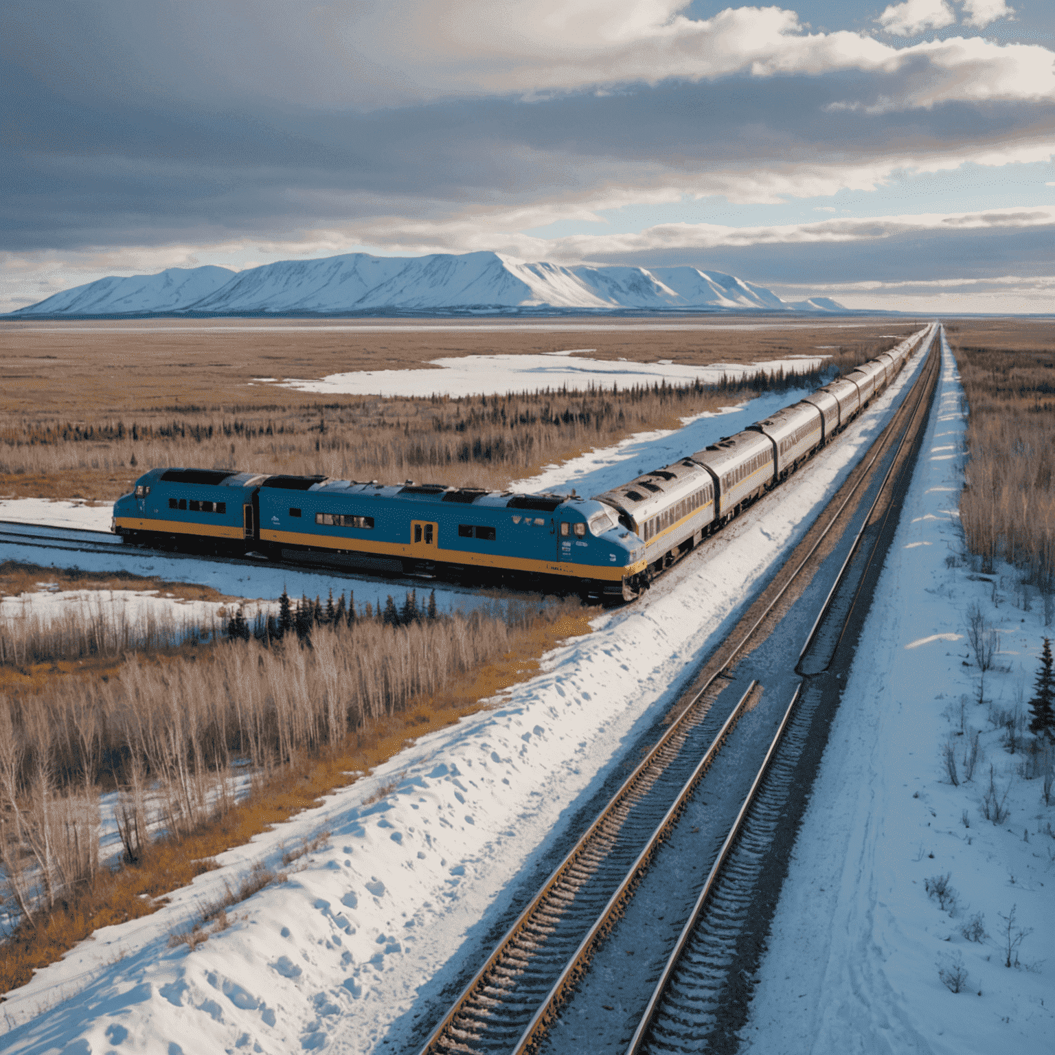 VIA Rail's northern route train surrounded by the tundra landscape, with polar bears visible in the distance near Churchill