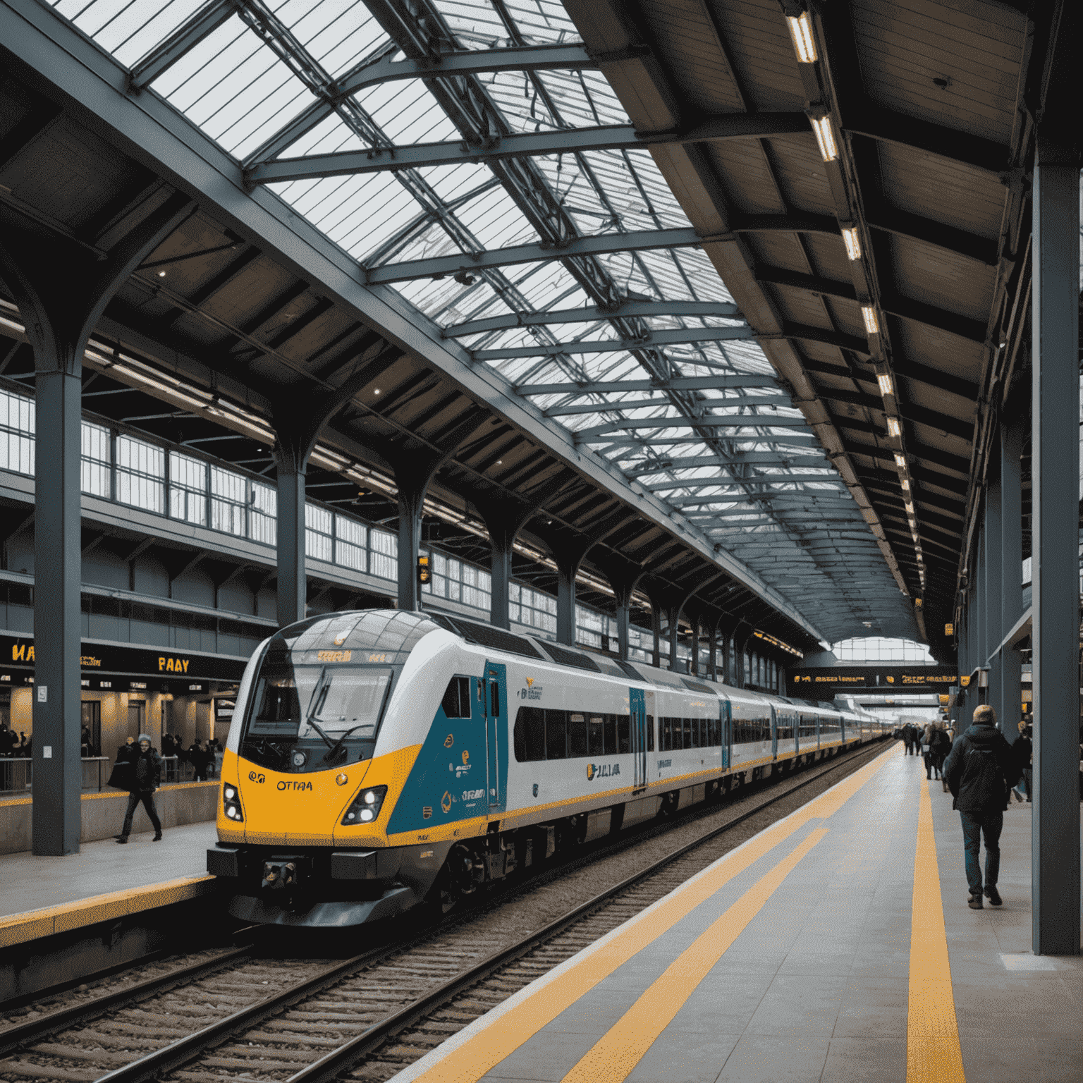 The modern Ottawa Station with its sleek design, large windows, and VIA Rail trains ready for departure